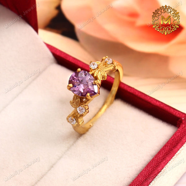 Vintage Zirconia Pear cut Engagement ring, 925 Sterling Silver Ring, 18k Gold Plated Ring, Wedding Ring Vine Leaf Ring